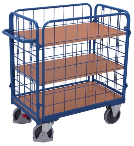 Wózek półkowy, osiatkowany, 500-kg, 3 półki, 4 boki z siatki, koła pełne, kod: VF500460