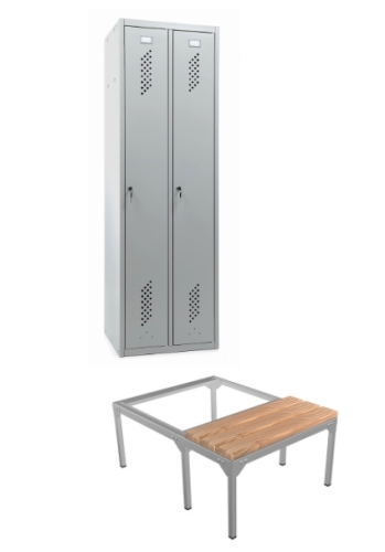 Szafa ubraniowa BHP, dwudrzwiowa, 60 cm, z ławką, kod: PLS21Ł, 02