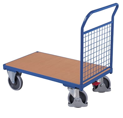 Wózek platformowy, platforma z płyty, 1 burta z siatki, koła z osłoną stopy, kod: VF500101